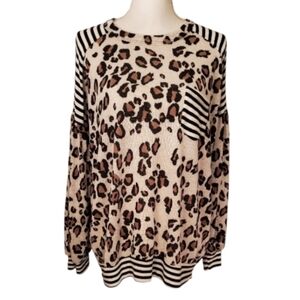 Lovely J Leopard And Stripe Contrast Print Top Long Sleeve Soft Knit Size L